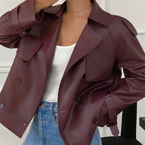 Burgundy Women's Double-Breasted Faux Leather cropped trench jacket coat - Picture 5 of 7